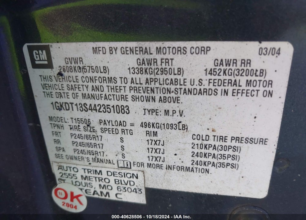2004 GMC ENVOY SLE VIN: 1GKDT13S442351083