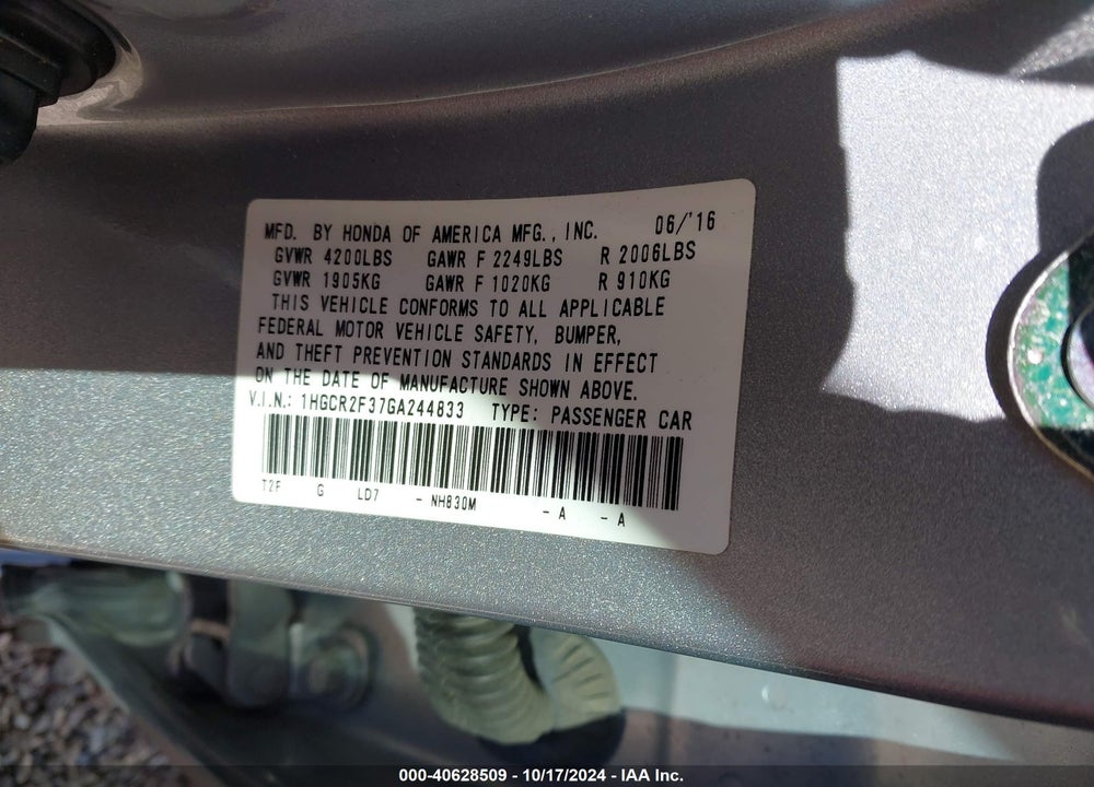 2016 HONDA ACCORD LX VIN: 1HGCR2F37GA244833