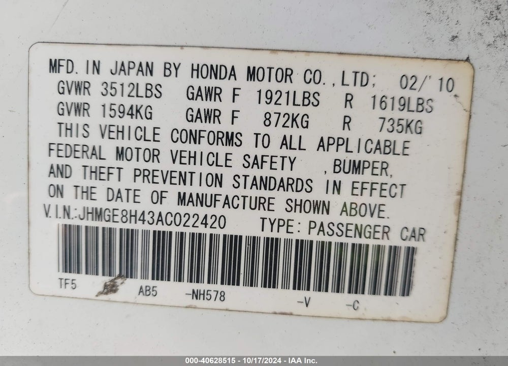 2010 HONDA FIT SPORT VIN: JHMGE8H43AC022420