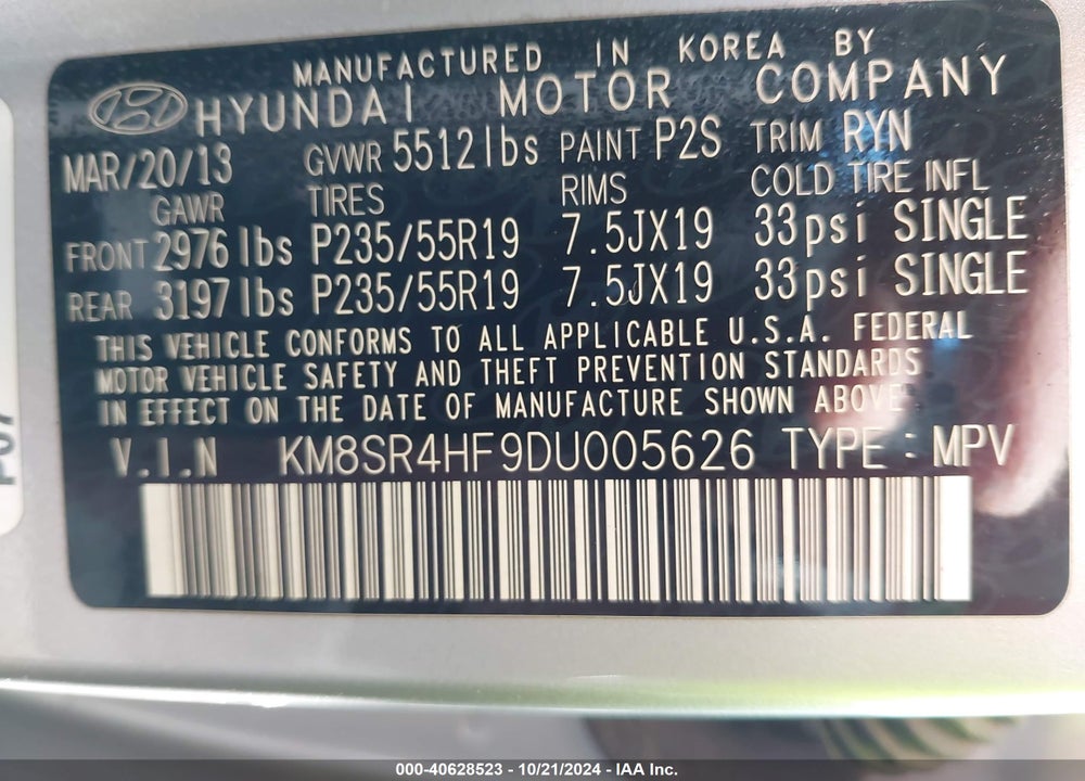2013 HYUNDAI SANTA FE LIMITED VIN: KM8SR4HF9DU005626