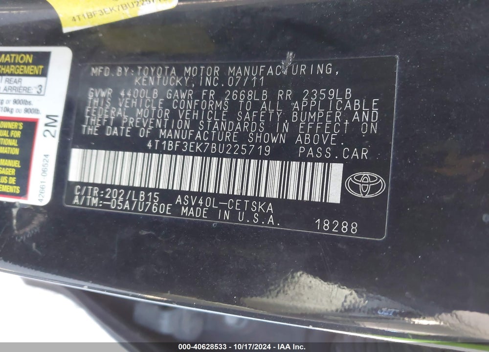 2011 TOYOTA CAMRY SE VIN: 4T1BF3EK7BU225719