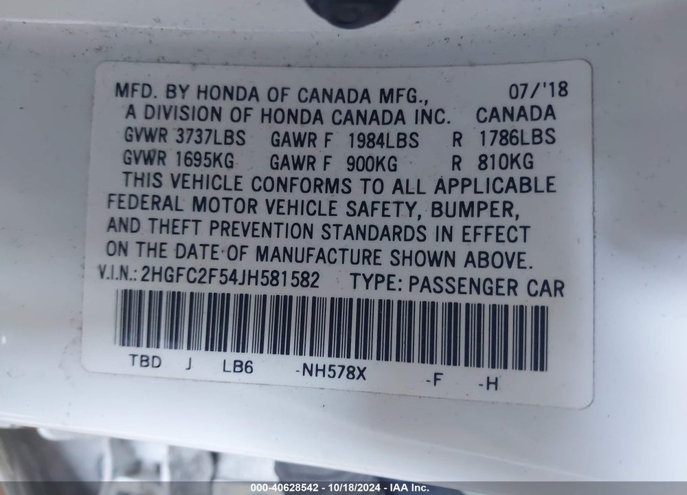 2018 HONDA CIVIC LX VIN: 2HGFC2F54JH581582