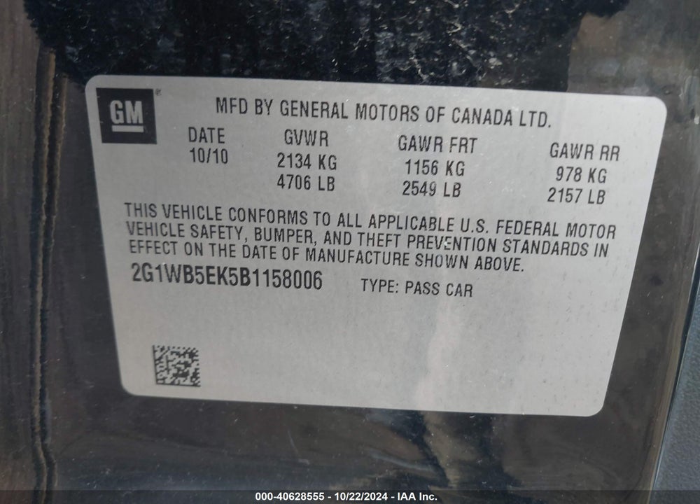 2011 CHEVROLET IMPALA LT VIN: 2G1WB5EK5B1158006