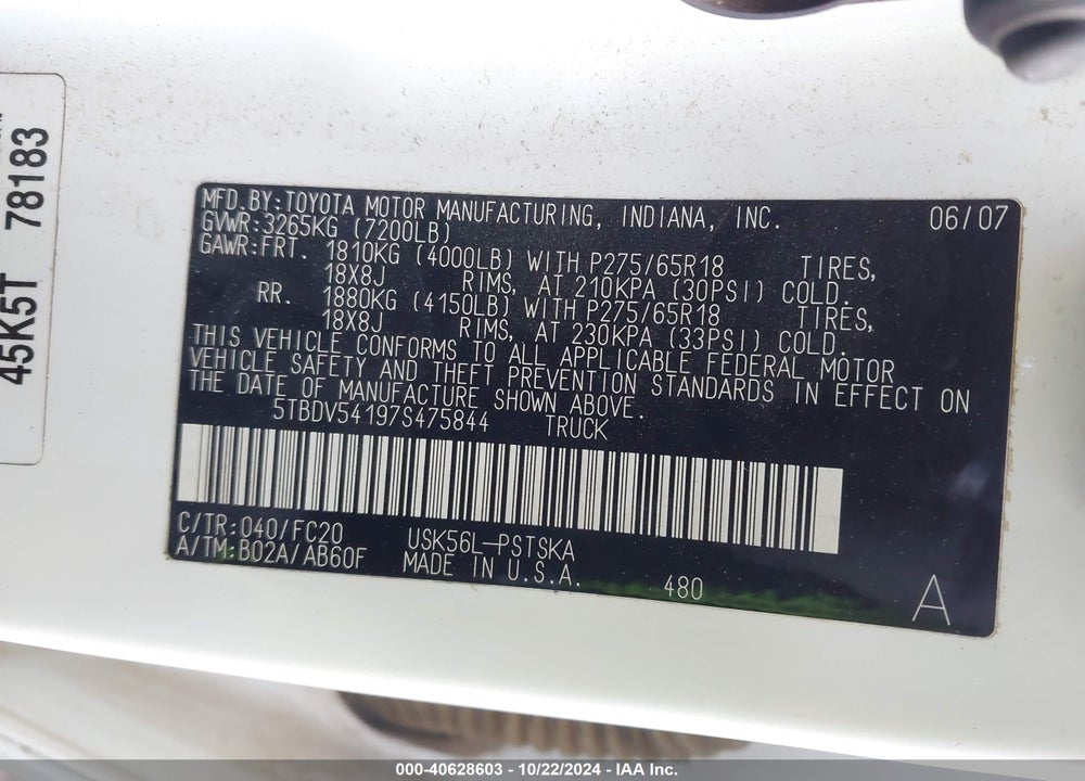 2007 TOYOTA TUNDRA SR5 5.7L V8 VIN: 5TBDV54197S475844