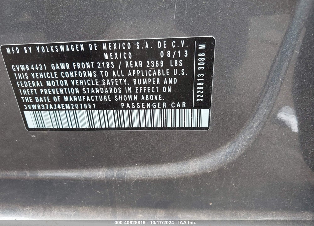 2014 VOLKSWAGEN JETTA HYBRID SE VIN: 3VW637AJ4EM207851