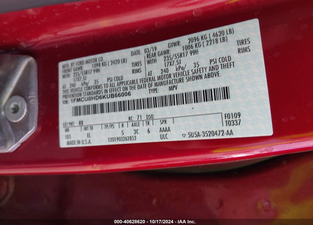 2019 FORD ESCAPE SEL VIN: 1FMCU0HD6KUB66006