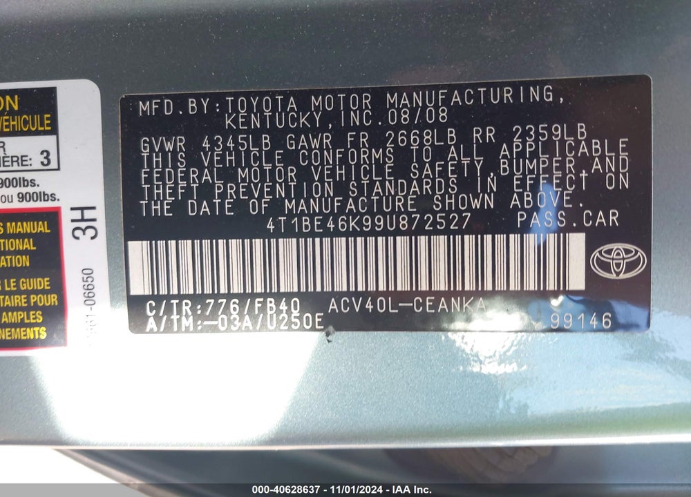 2009 TOYOTA CAMRY LE VIN: 4T1BE46K99U872527