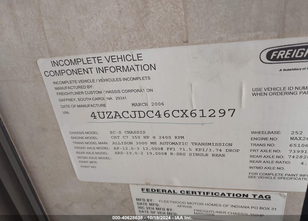 2006 FREIGHTLINER CHASSIS X LINE MOTOR HOME VIN: 4UZACJDC46CX61297