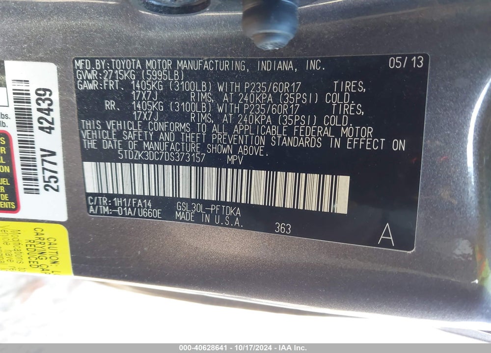 2013 TOYOTA SIENNA L V6 7 PASSENGER VIN: 5TDZK3DC7DS373157