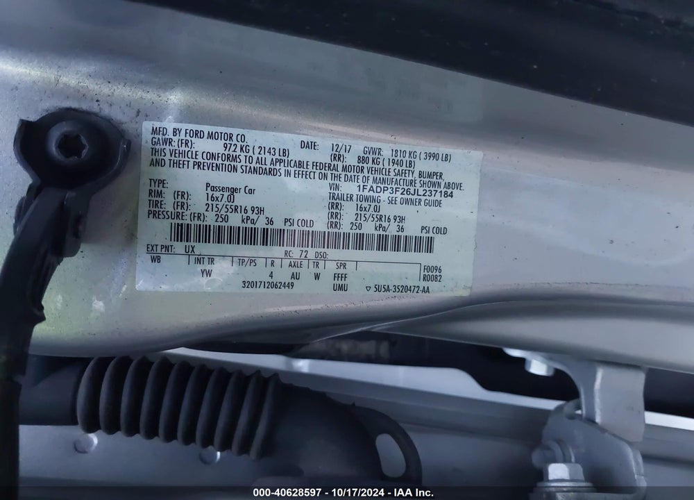 2018 FORD FOCUS SE VIN: 1FADP3F26JL237184
