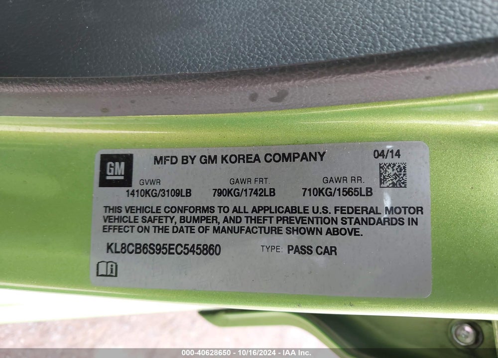 2014 CHEVROLET SPARK LS AUTO VIN: KL8CB6S95EC545860
