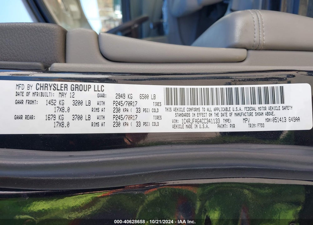 2012 JEEP GRAND CHEROKEE LAREDO VIN: 1C4RJFAG4CC341133