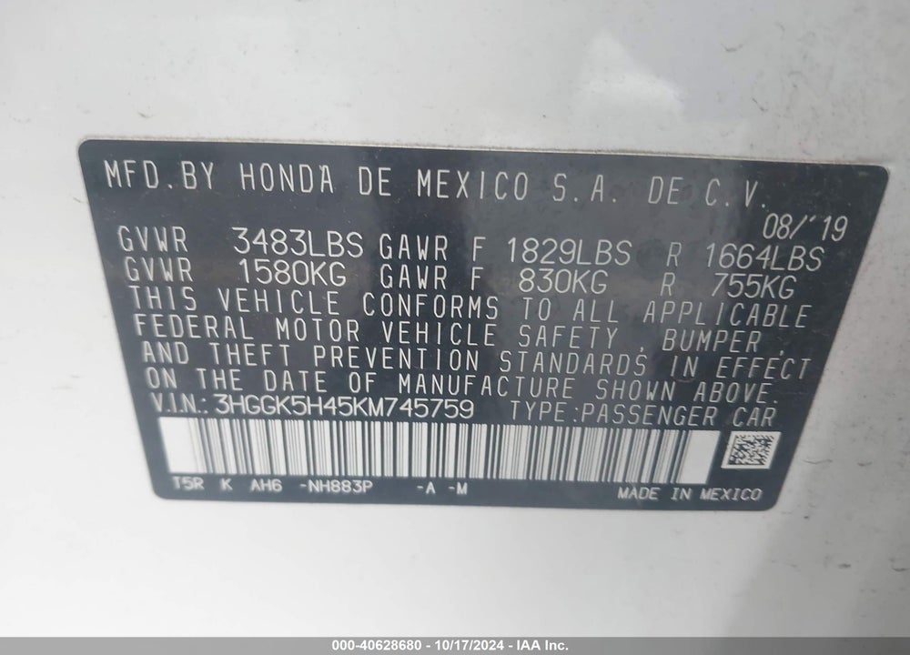 2019 HONDA FIT VIN: 3HGGK5H45KM745759