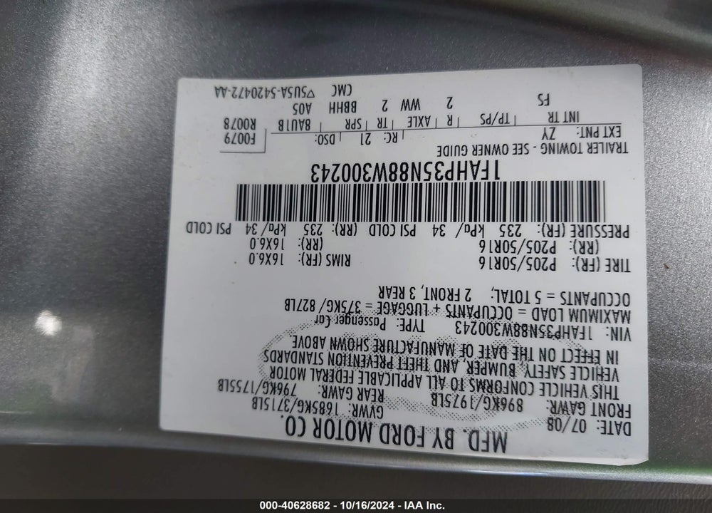 2008 FORD FOCUS VIN: 1FAHP35N88W300243