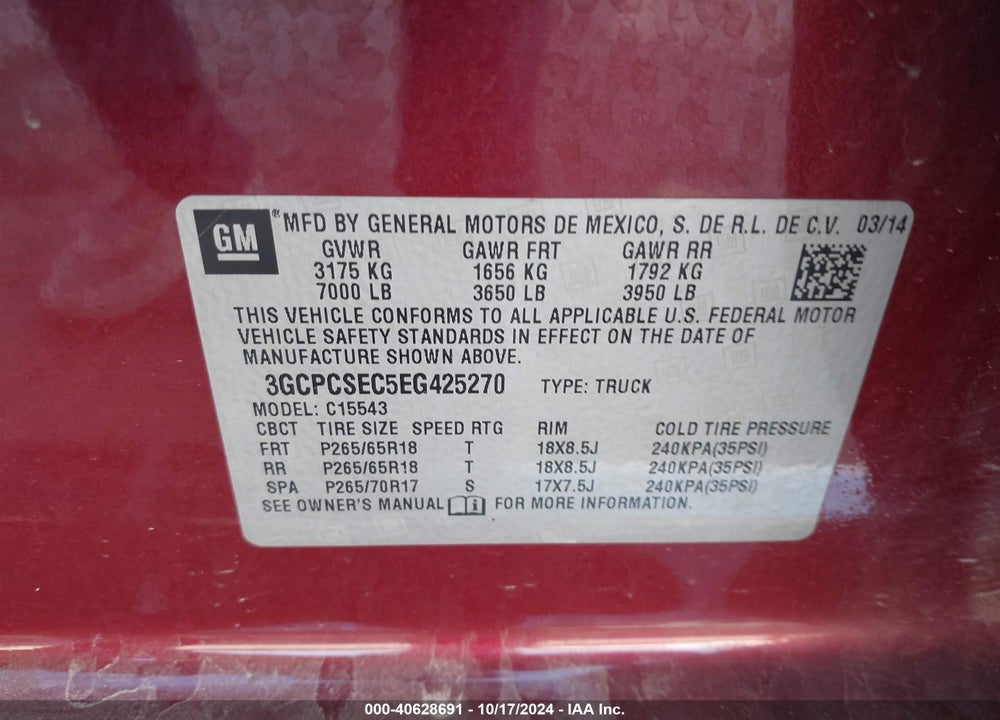 2014 CHEVROLET SILVERADO 1500 2LZ VIN: 3GCPCSEC5EG425270