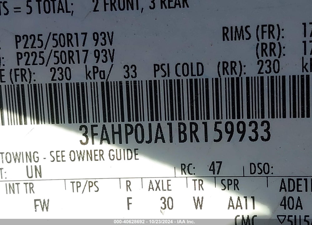 2011 FORD FUSION SEL VIN: 3FAHP0JA1BR159933