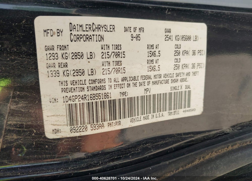 2006 DODGE GRAND CARAVAN SE VIN: 1D4GP24R16B551861
