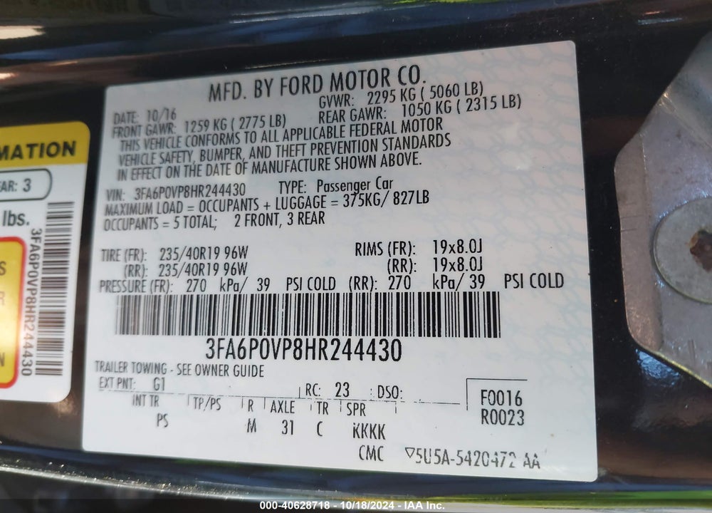 2017 FORD FUSION SPORT VIN: 3FA6P0VP8HR244430