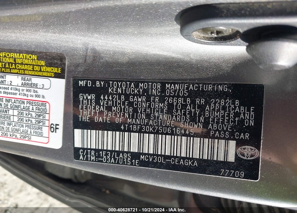 2005 TOYOTA CAMRY XLE V6 VIN: 4T1BF30K75U616445