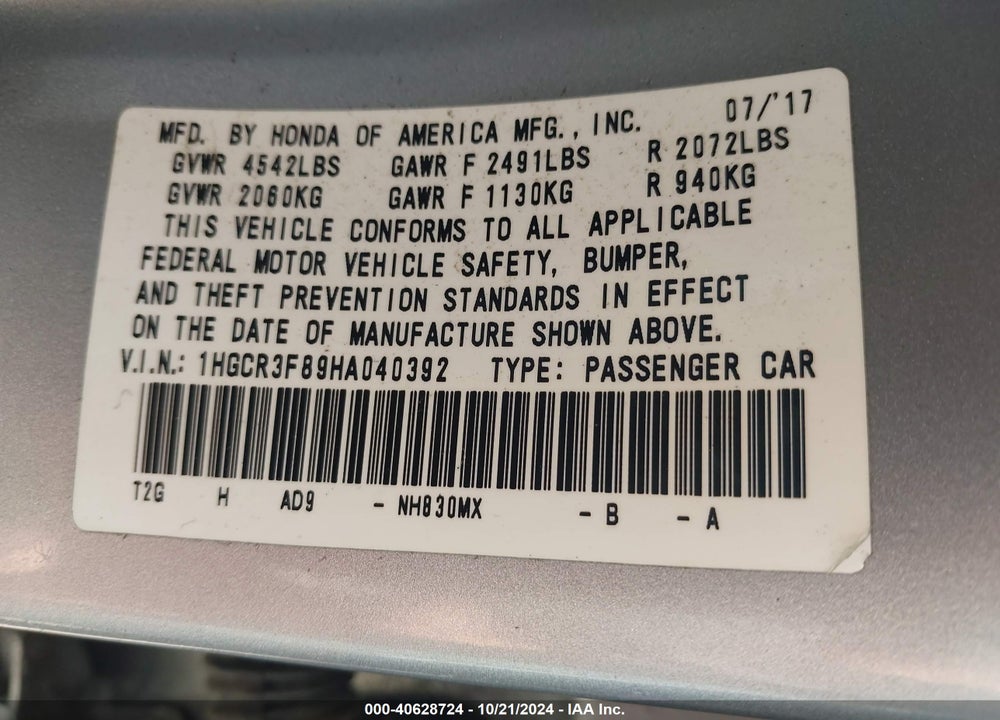 2017 HONDA ACCORD EX-L V6 VIN: 1HGCR3F89HA040392
