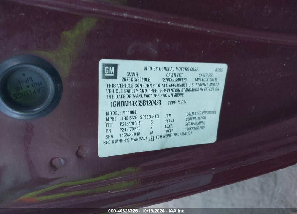 2005 CHEVROLET ASTRO VIN: 1GNDM19X65B120433