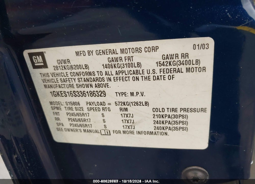 2003 GMC ENVOY XL SLE VIN: 1GKES16S336186329