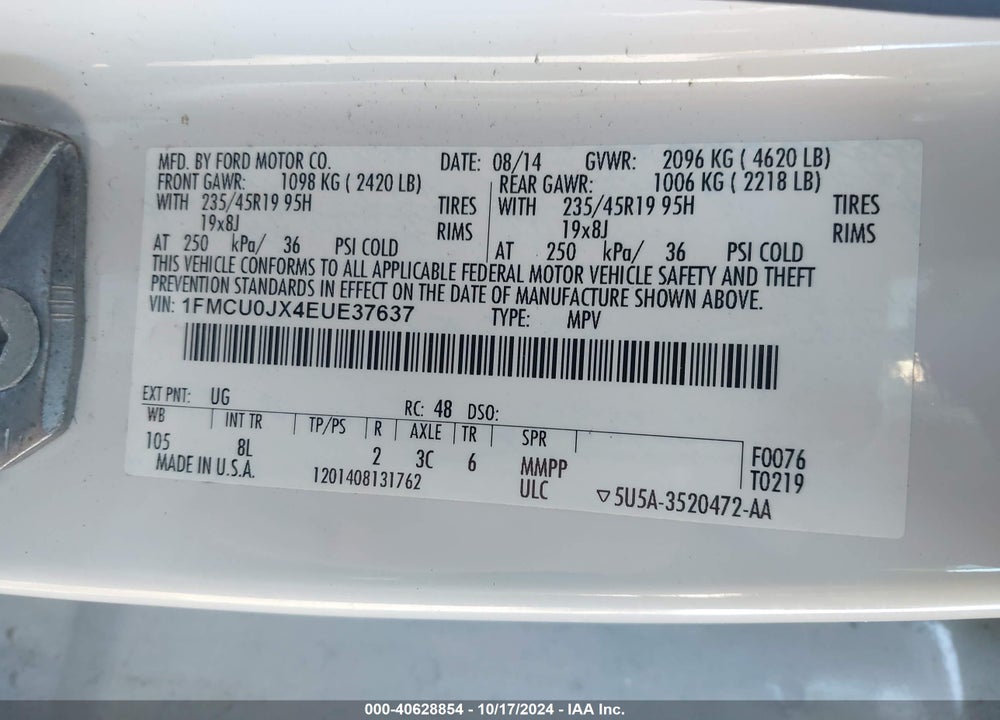 2014 FORD ESCAPE TITANIUM VIN: 1FMCU0JX4EUE37637