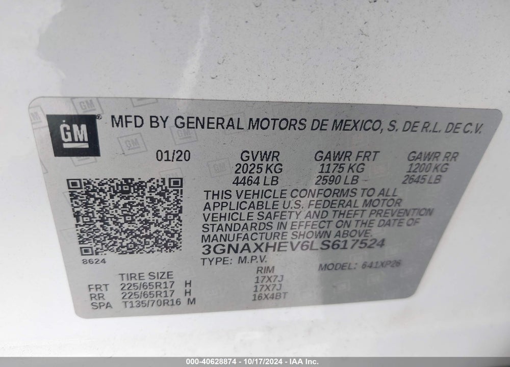 2020 CHEVROLET EQUINOX VIN: 3GNAXHEV6LS617524