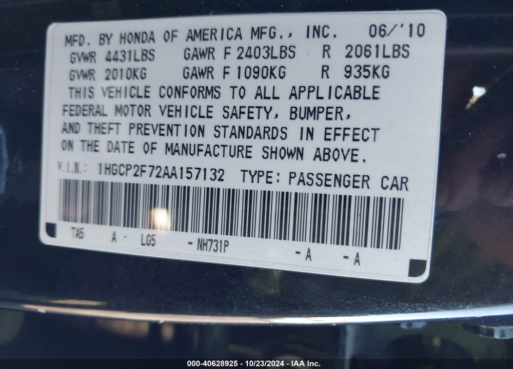 2010 HONDA ACCORD 2.4 EX VIN: 1HGCP2F72AA157132