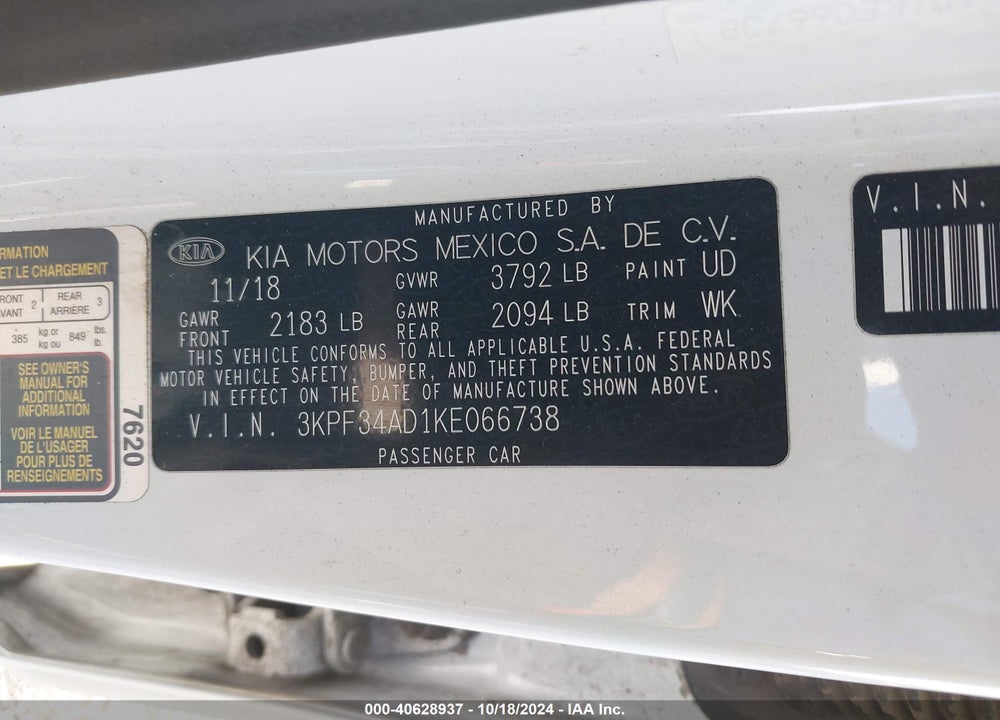 2019 KIA FORTE S VIN: 3KPF34AD1KE066738