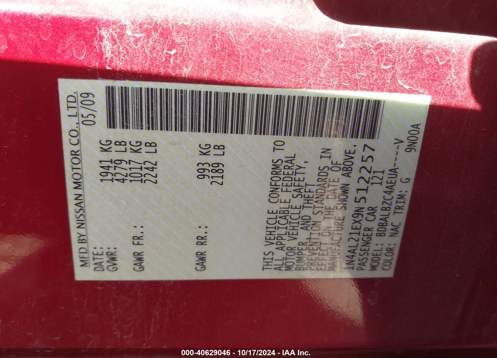 2009 NISSAN ALTIMA 2.5 S VIN: 1N4AL21EX9N512257
