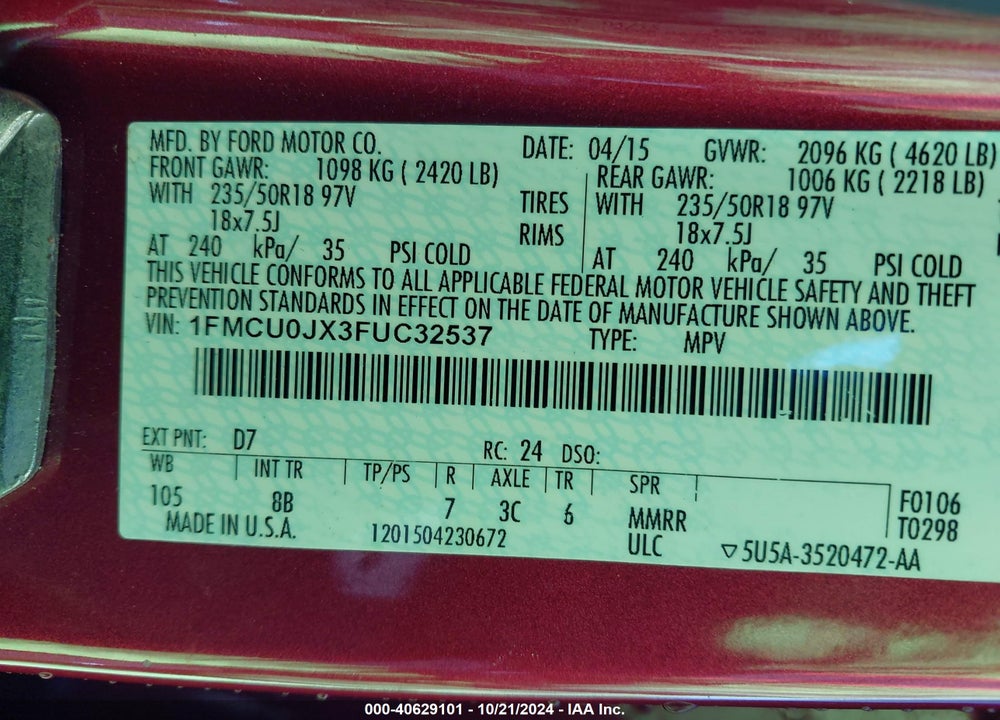 2015 FORD ESCAPE TITANIUM VIN: 1FMCU0JX3FUC32537