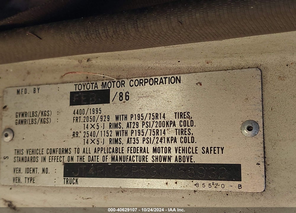1986 TOYOTA PICKUP 1/2 TON RN50 VIN: JT4RN50R5G0158932