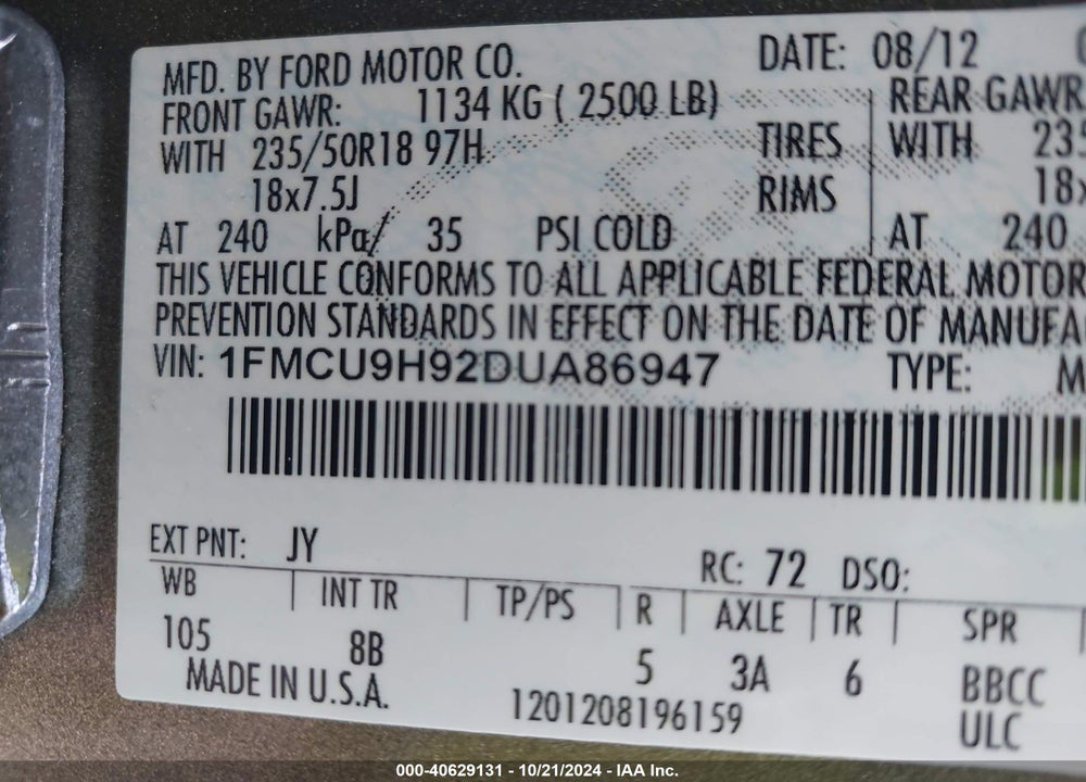 2013 FORD ESCAPE SEL VIN: 1FMCU9H92DUA86947