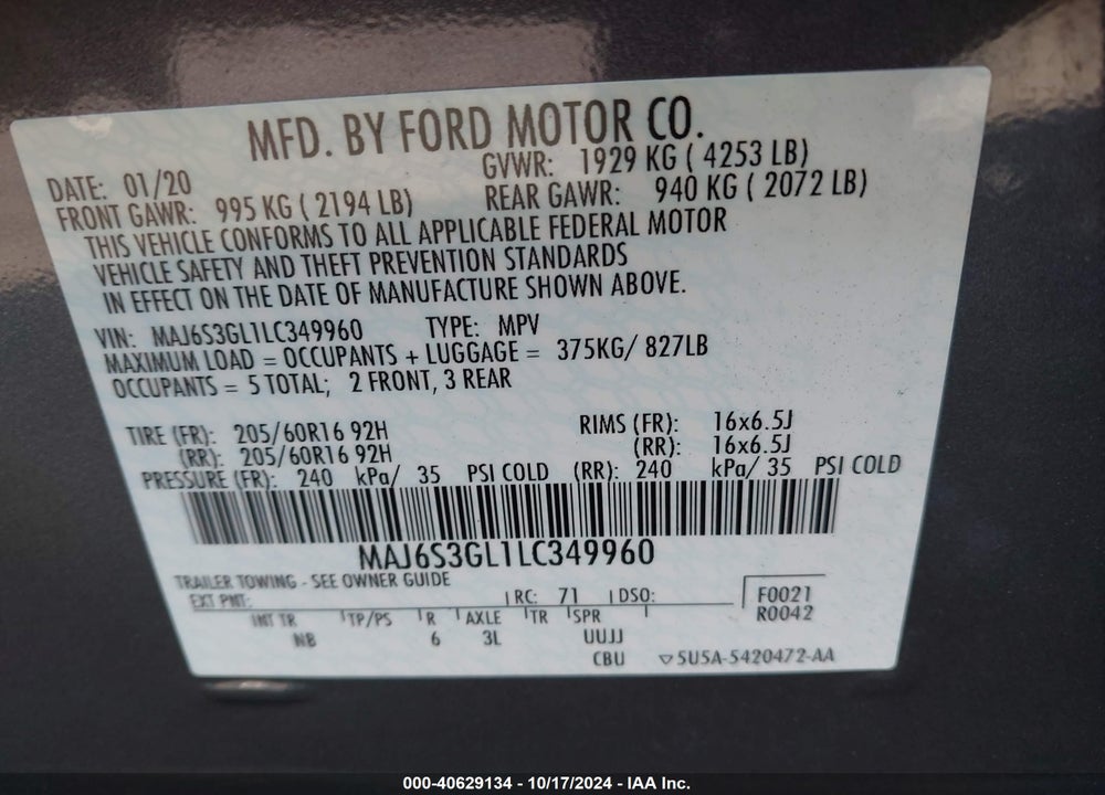 2020 FORD ECOSPORT SE VIN: MAJ6S3GL1LC349960
