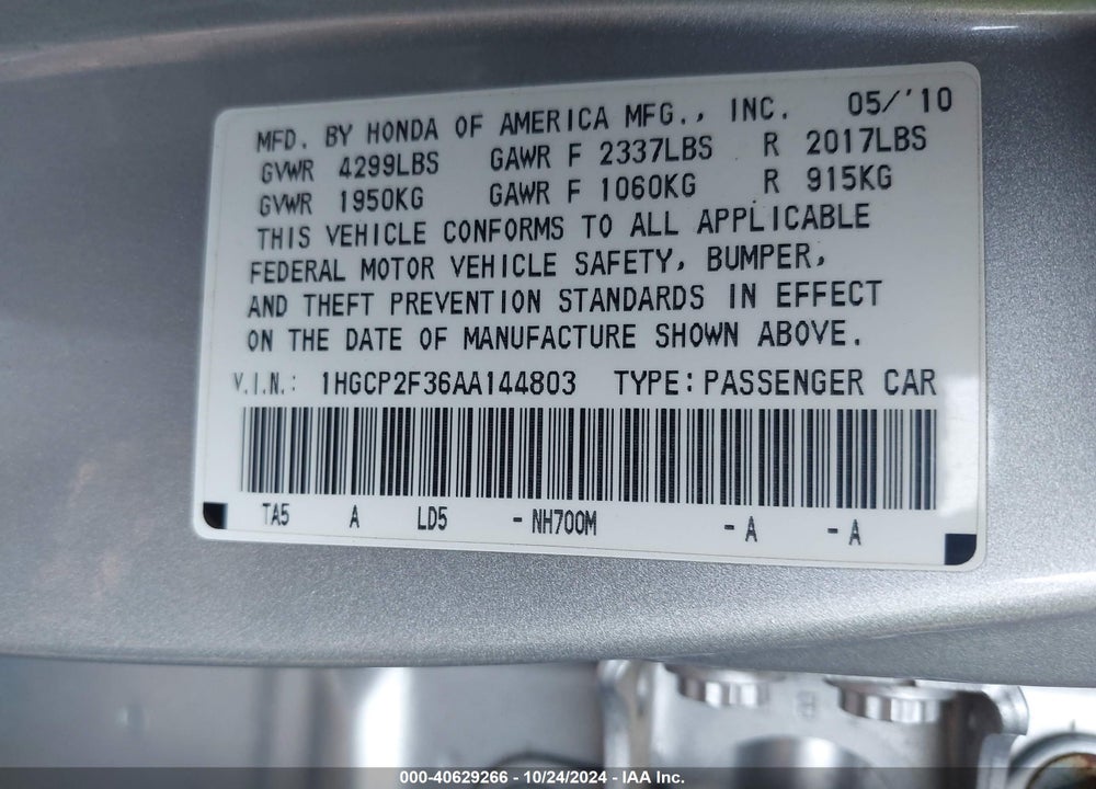 2010 HONDA ACCORD 2.4 LX VIN: 1HGCP2F36AA144803