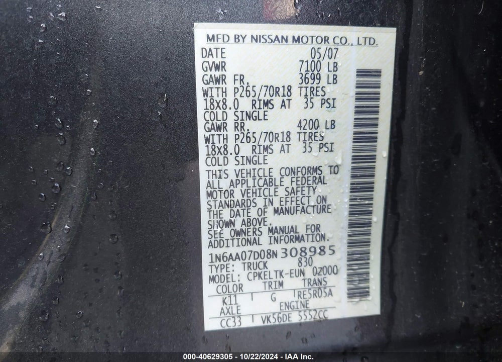 2008 NISSAN TITAN SE VIN: 1N6AA07D08N308985
