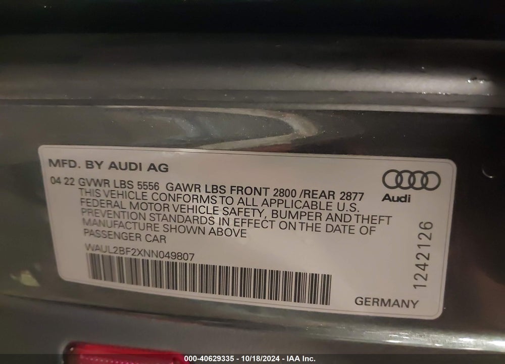 2022 AUDI A6 SEDAN PREMIUM PLUS 55 TFSI QUATTRO S TRONIC VIN: WAUL2BF2XNN049807