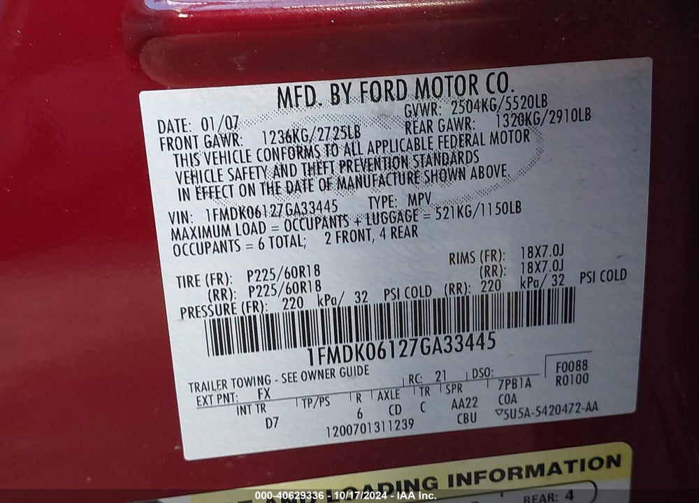 2007 FORD FREESTYLE LIMITED VIN: 1FMDK06127GA33445