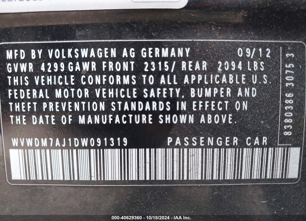 2013 VOLKSWAGEN GOLF 2.0L TDI 4-DOOR VIN: WVWDM7AJ1DW091319