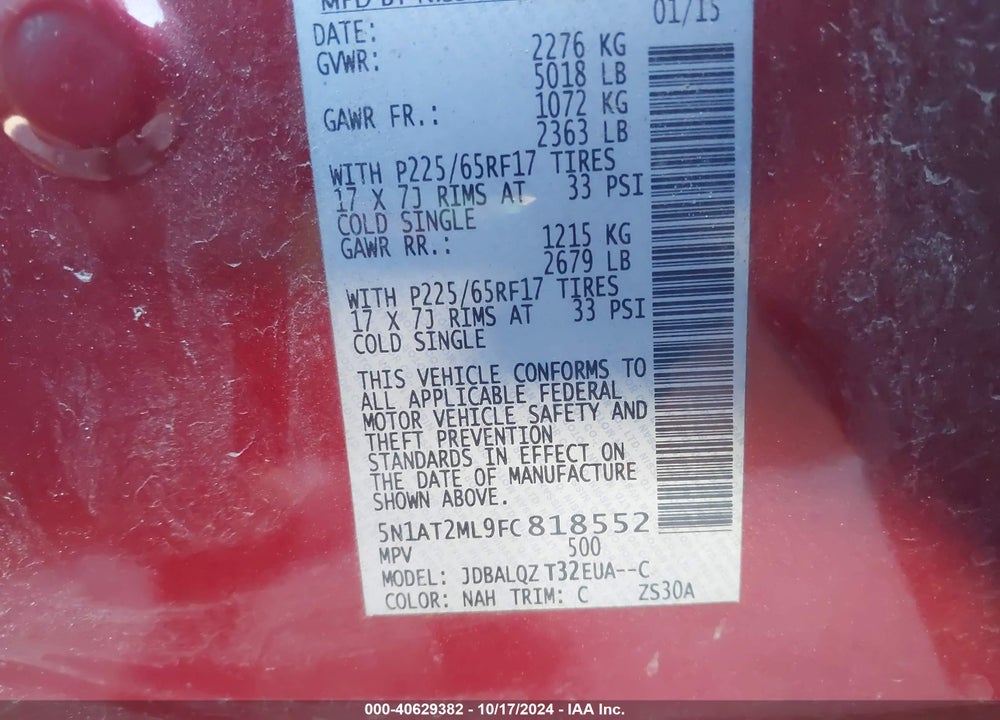 2015 NISSAN ROGUE SV VIN: 5N1AT2ML9FC818552