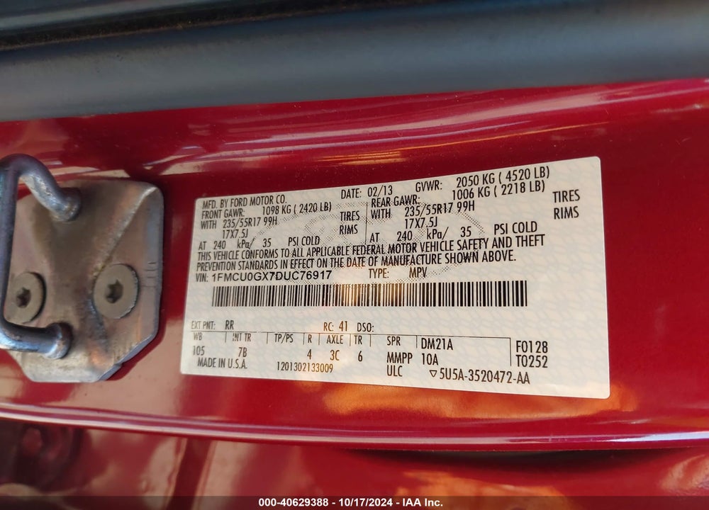 2013 FORD ESCAPE SE VIN: 1FMCU0GX7DUC76917