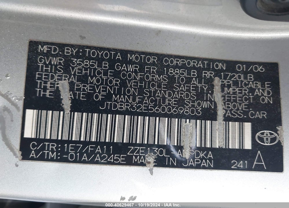 2006 TOYOTA COROLLA CE VIN: JTDBR32E560069803