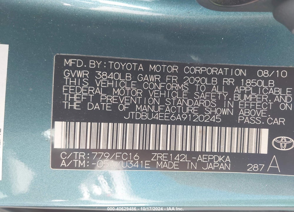 2010 TOYOTA COROLLA LE VIN: JTDBU4EE6A9120245