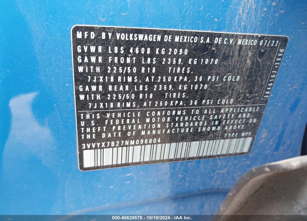 2022 VOLKSWAGEN TAOS 1.5T SE VIN: 3VVYX7B27NM096804