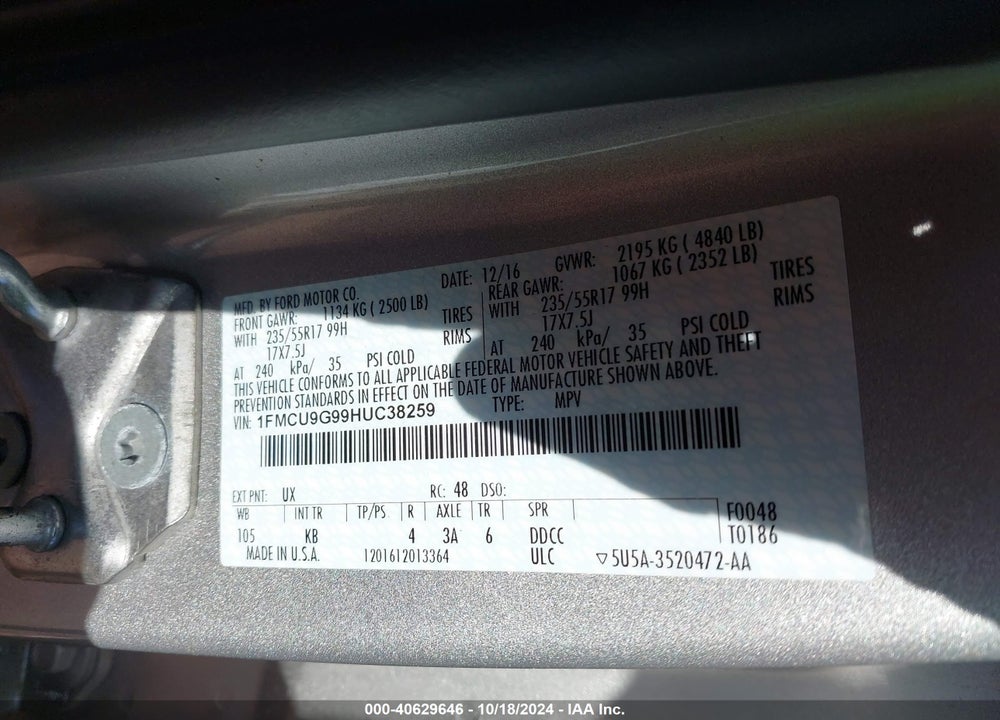 2017 FORD ESCAPE SE VIN: 1FMCU9G99HUC38259