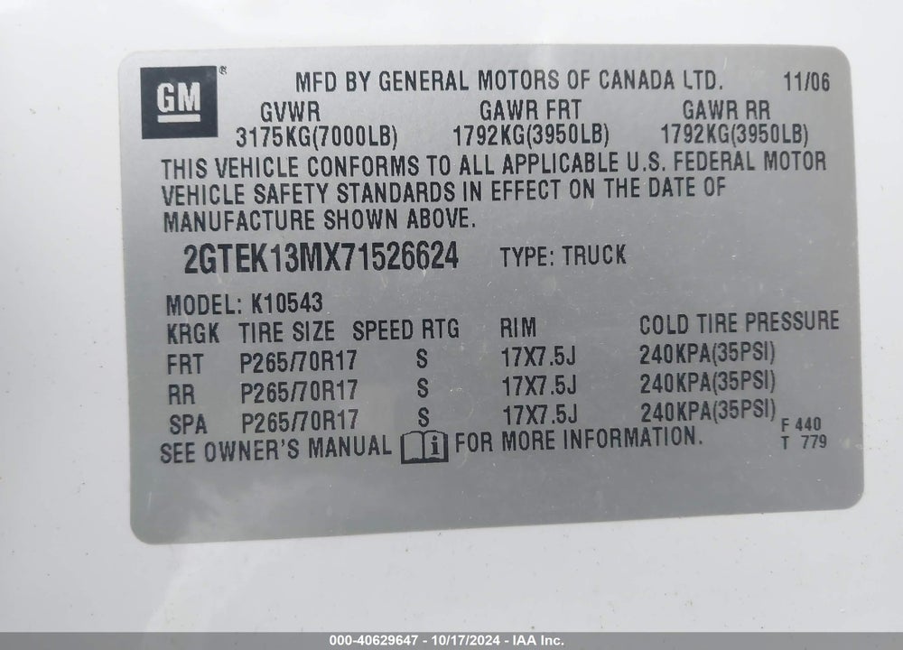 2007 GMC SIERRA 1500 SLE2 VIN: 2GTEK13MX71526624