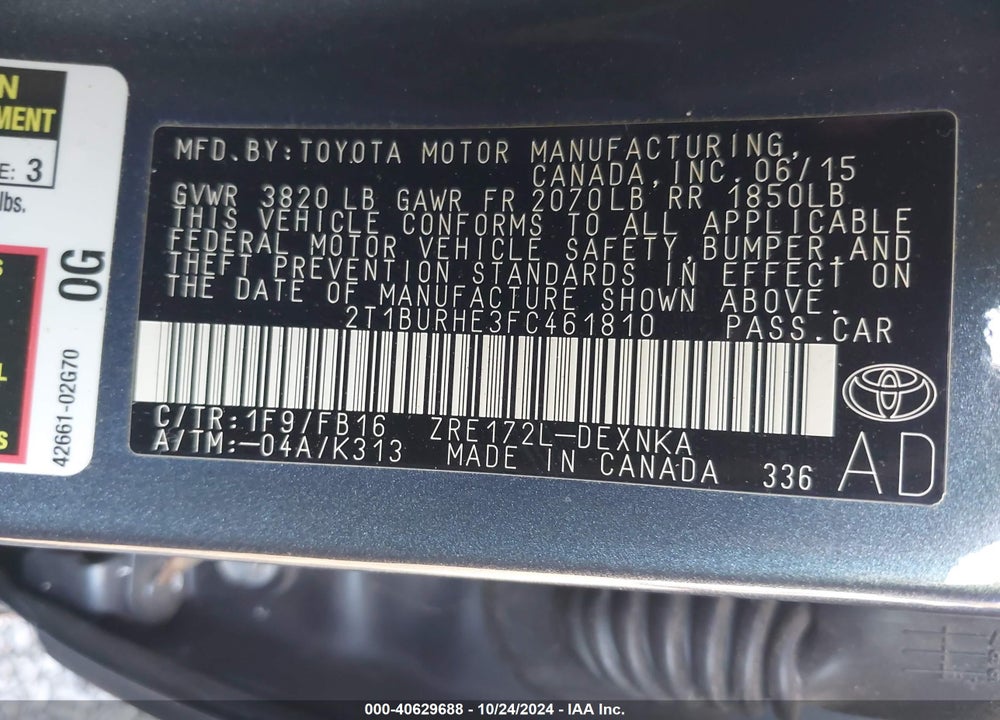 2015 TOYOTA COROLLA LE VIN: 2T1BURHE3FC461810