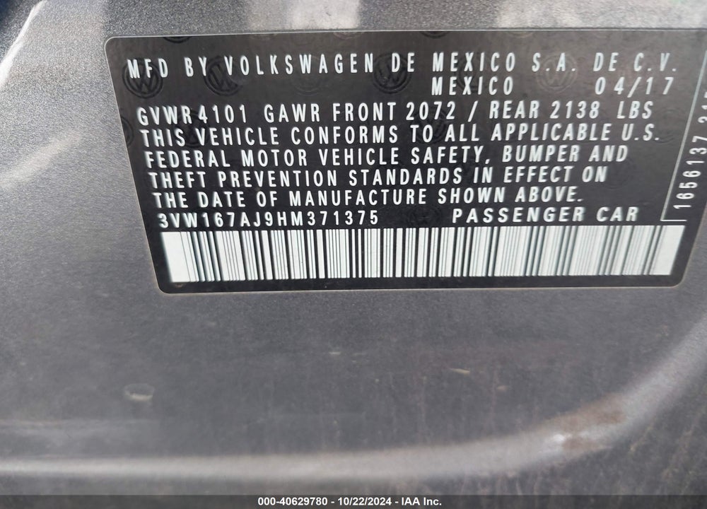 2017 VOLKSWAGEN JETTA 1.4T S VIN: 3VW167AJ9HM371375