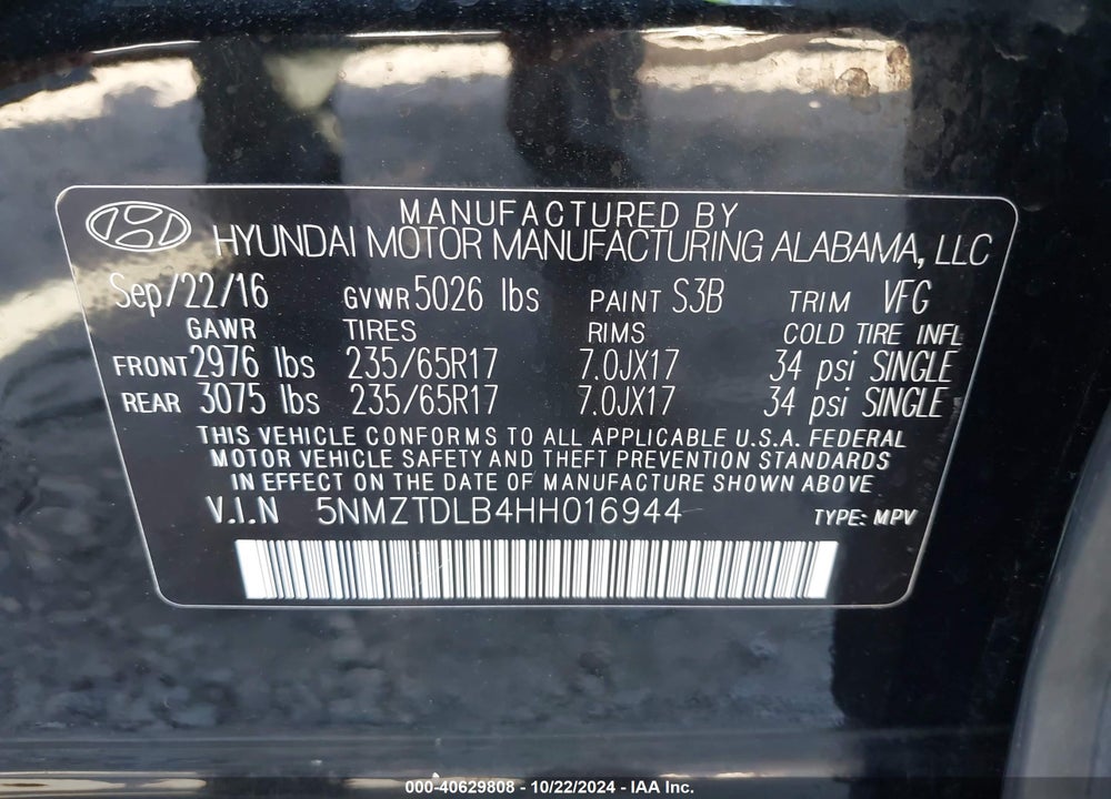 2017 HYUNDAI SANTA FE SPORT 2.4L VIN: 5NMZTDLB4HH016944
